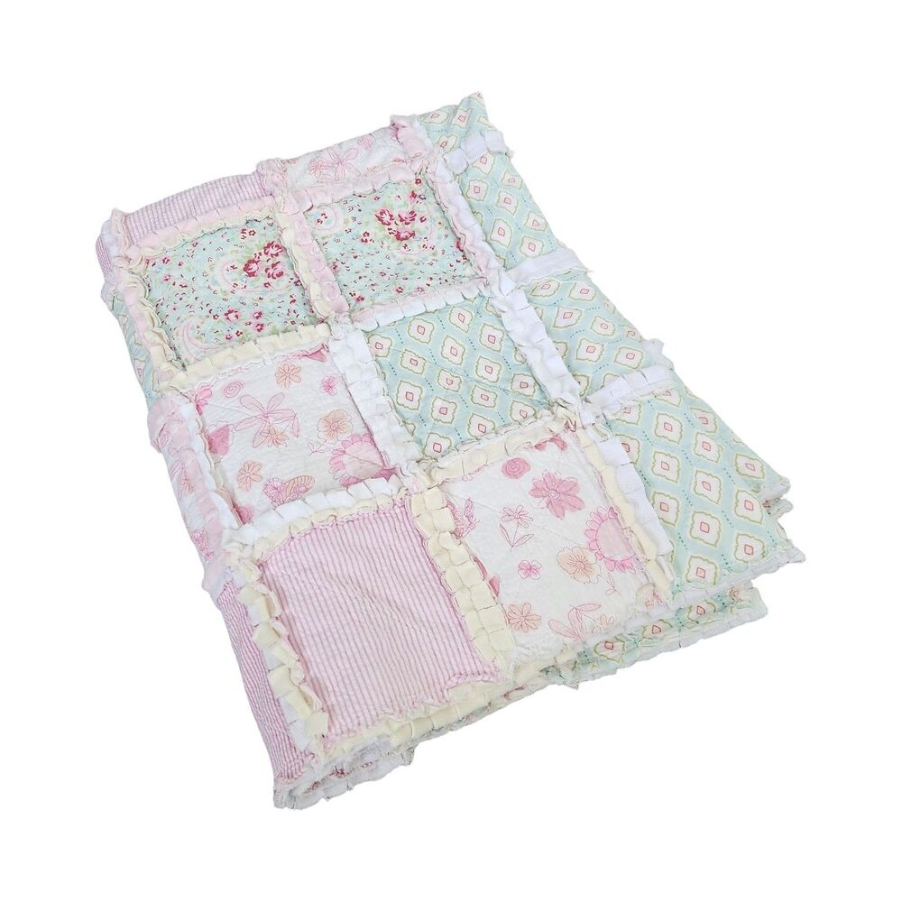 Shabby Chic Pastel Patchwork Rag Quilt Baby Crib Size Handmade 35x54 Blanket